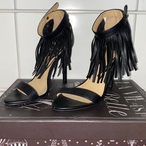 Adriana New York black fringe ankle straps heels
